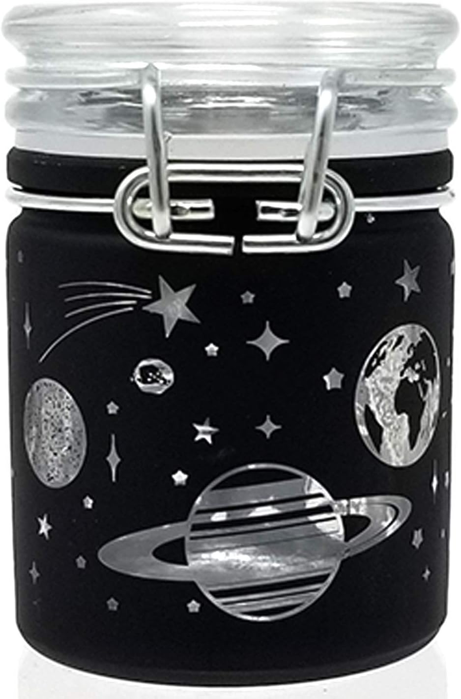 Airtight Glass Herb Stash Jar with Clamping Lid in Choice of Design (Black Frosted Galaxy)