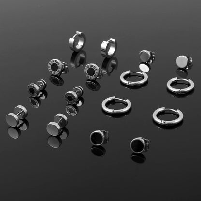 Black Stainless Steel Stud Earrings for Men Women Small Huggie Hoop Earrings Set for Men Cool Goth Punk Earrings Barbell Earrings Black Silver Hoop Cartilage Earring (Classic) (Black Tone)