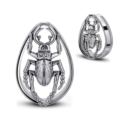 COOEAR 1 Pair Double FLared Tear Drop Ear Tunnels Piercing Stainless Steel Scarab Gauges Silvery Earrings Plugs 0g to 1".