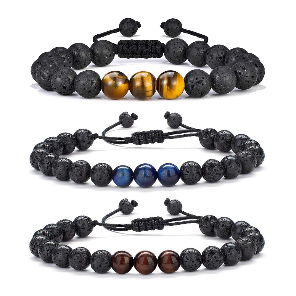 M MOOHAM Natural Stone Bracelets for Men - 8mm Tiger Eye | Matte Agate | Lava Rock Bracelets for Men Teen Boys Gifts Fathers Day Anniversary Birthday Gifts for Him