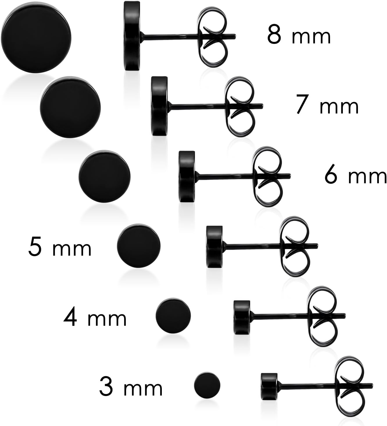 Black Round Stud Earrings Set Stainless Steel Ear Studs for Men Women 6 Pairs 3mm-8mm … (Black)