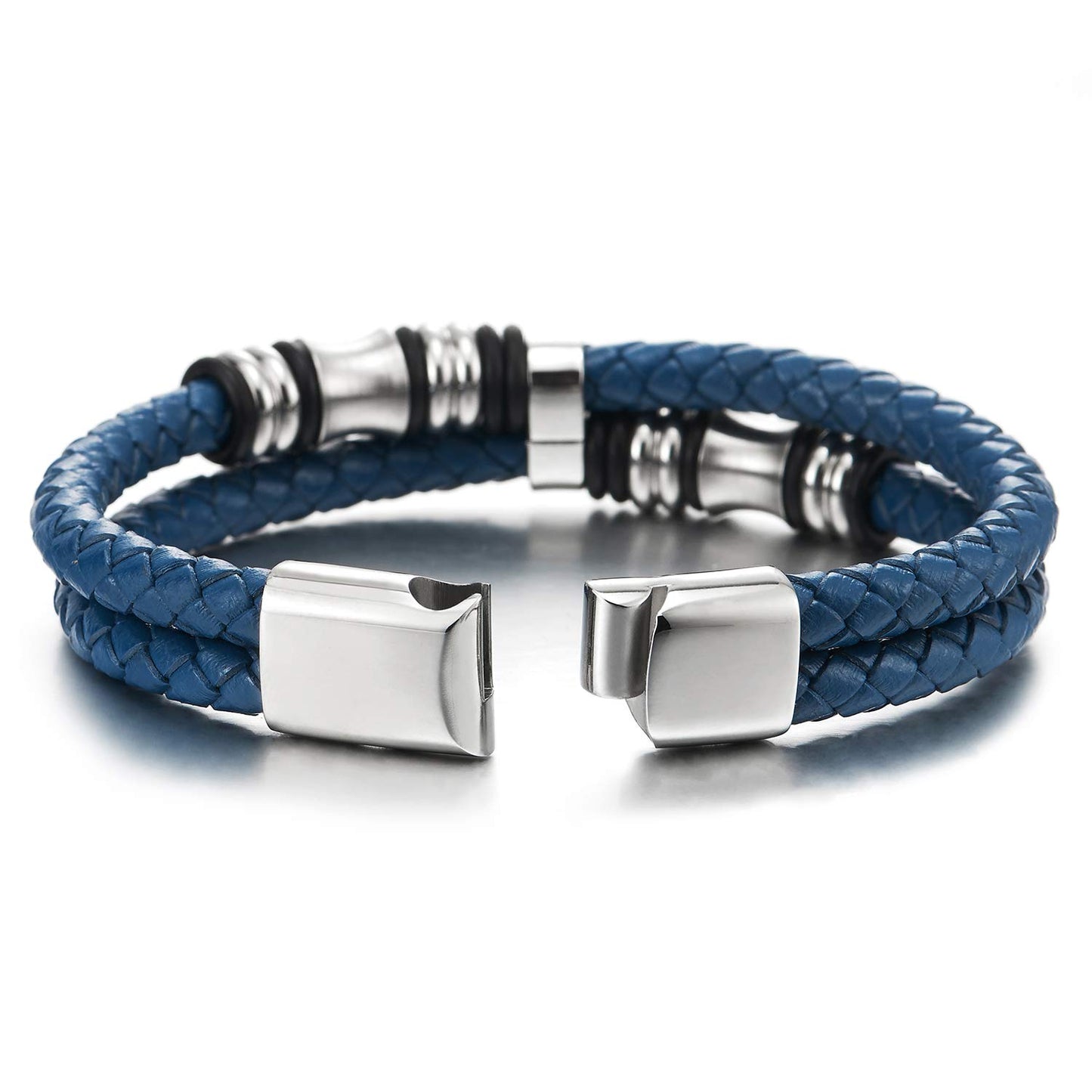 COOLSTEELANDBEYOND Mens Double-Row Braided Leather Bracelet Bangle Wristband with Stainless Steel Ornaments