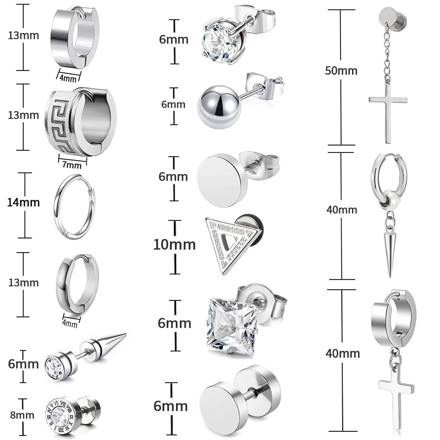 15 Pairs Earrings for Men, Stainless Steel Earrings Kit for Men and Women Fashion Piercing Jewelry Cross Dangle Hoop Earrings Set