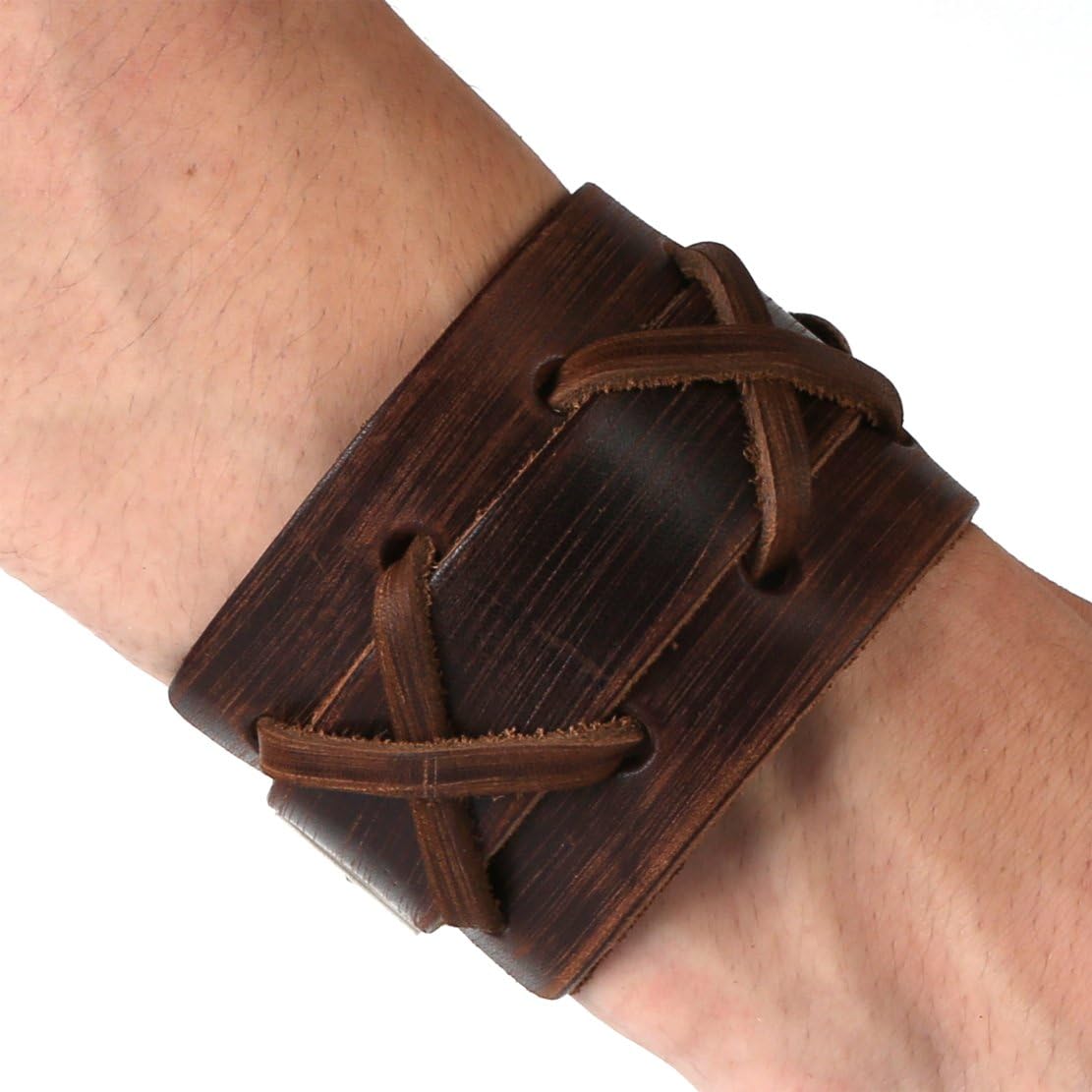 HZMAN Authentic Wide Genuine Leather Casual Mens Brown Cuff Bangle Bracelet