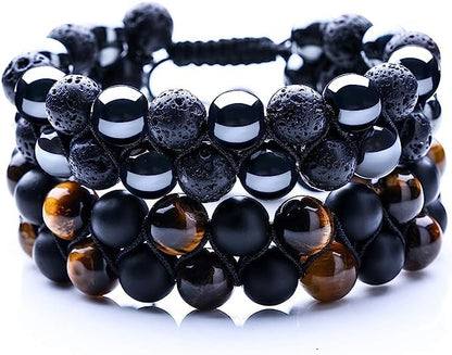 Black Obsidian Hematite Triple Protection Bracelet 10MM beads Set, Blue Tiger Eye Beads Bracelets, Lava Stone bracelets for Men Women
