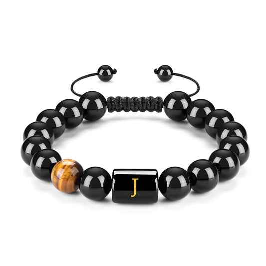 Initials Bracelets for Men Letter Link Handmade Natural Black Onyx Tiger Eye Stone Beads Braided Rope Meaningful Bracelet