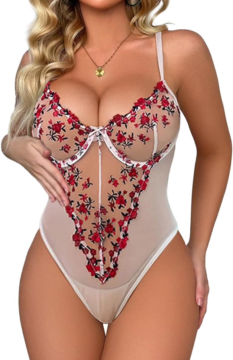 Lilosy Women Sexy Lace Up Floral Embroidered Teddy Lingerie Bodysuit Top Mesh Sheer One Piece