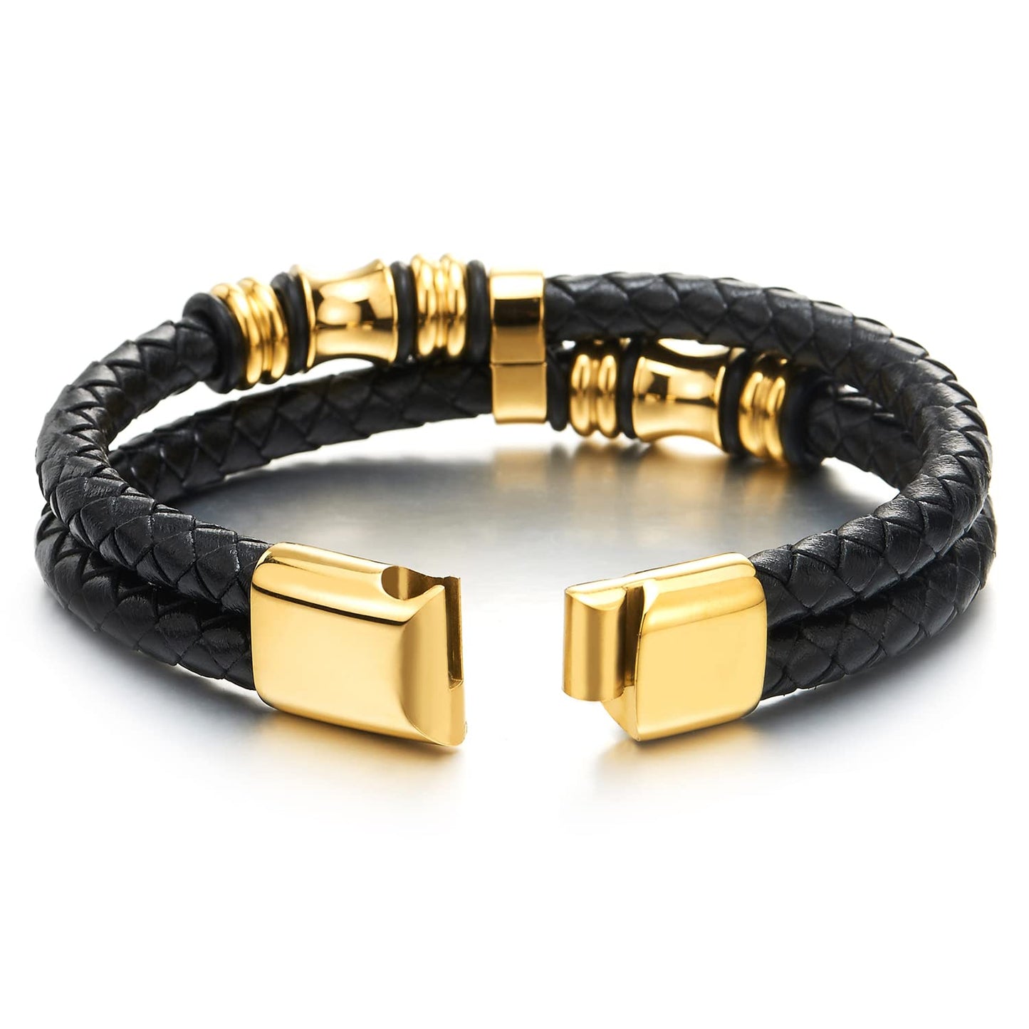 COOLSTEELANDBEYOND Mens Double-Row Braided Leather Bracelet Bangle Wristband with Stainless Steel Ornaments