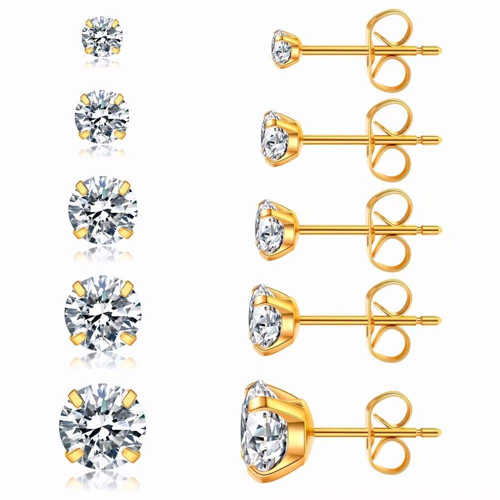 5 Pairs Stud Earrings Set, Hypoallergenic Cubic Zirconia 316L Earrings Stainless Steel CZ Earrings 3-8mm (Steel color)