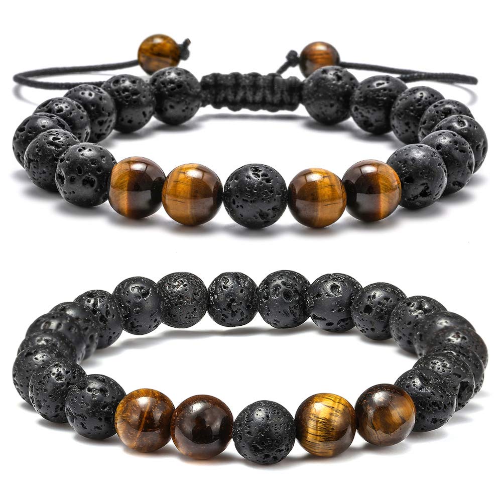 M MOOHAM Natural Stone Bracelets for Men - 8mm Tiger Eye | Matte Agate | Lava Rock Bracelets for Men Teen Boys Gifts Fathers Day Anniversary Birthday Gifts for Him