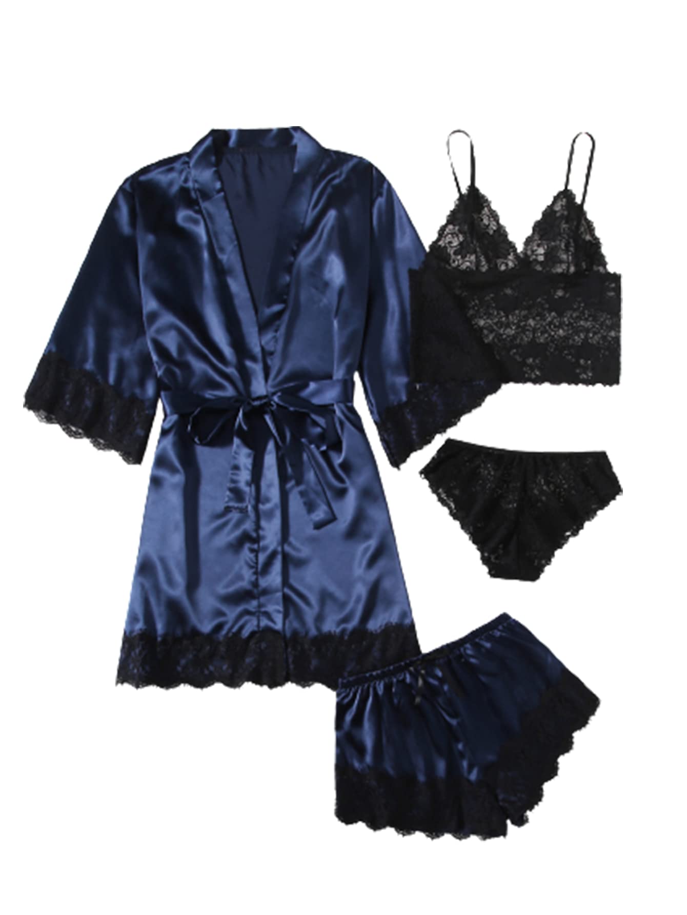 WDIRARA Women' Silk Satin Pajamas Set 4pcs Lingerie Floral Lace Cami Sleepwear with Robe