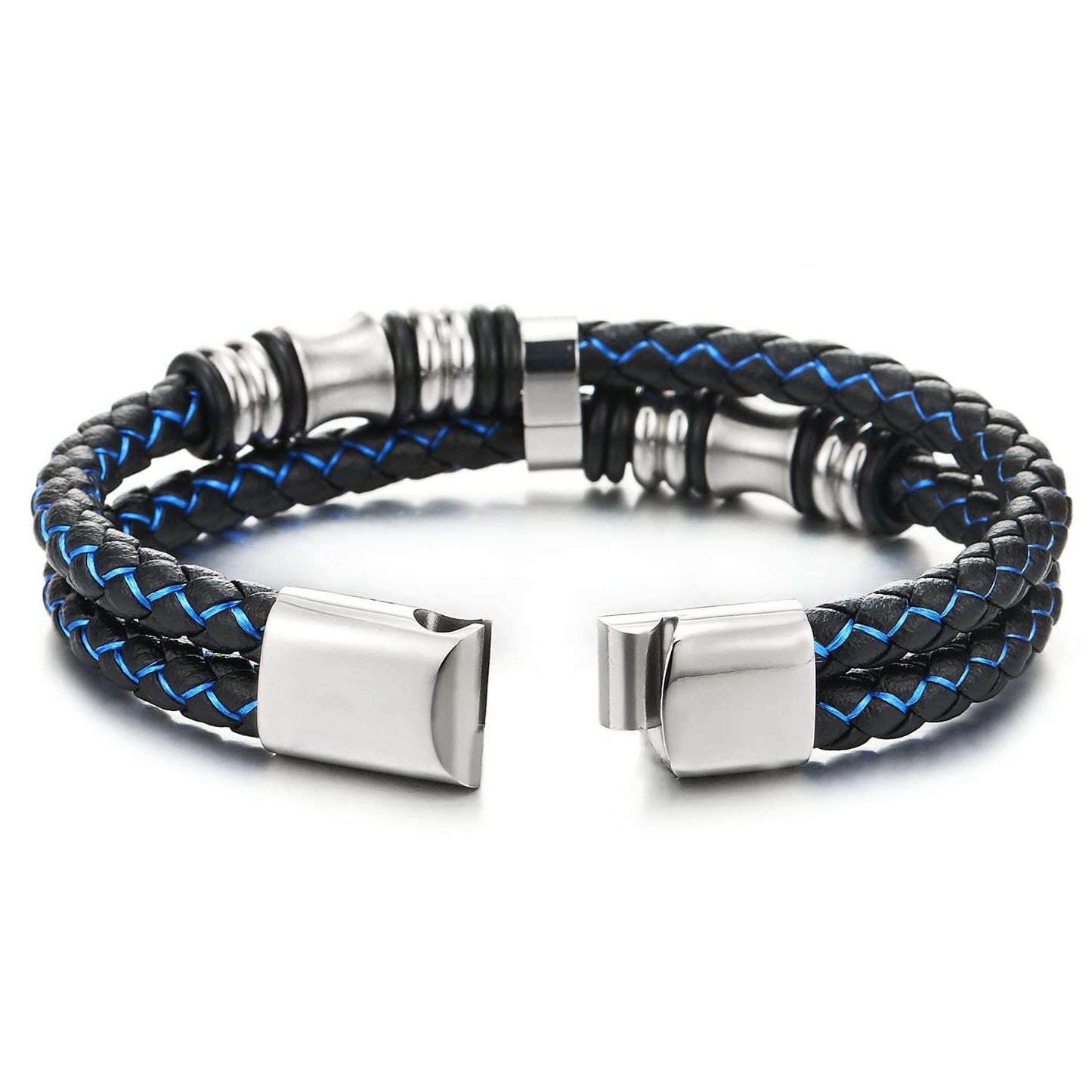 COOLSTEELANDBEYOND Mens Double-Row Braided Leather Bracelet Bangle Wristband with Stainless Steel Ornaments