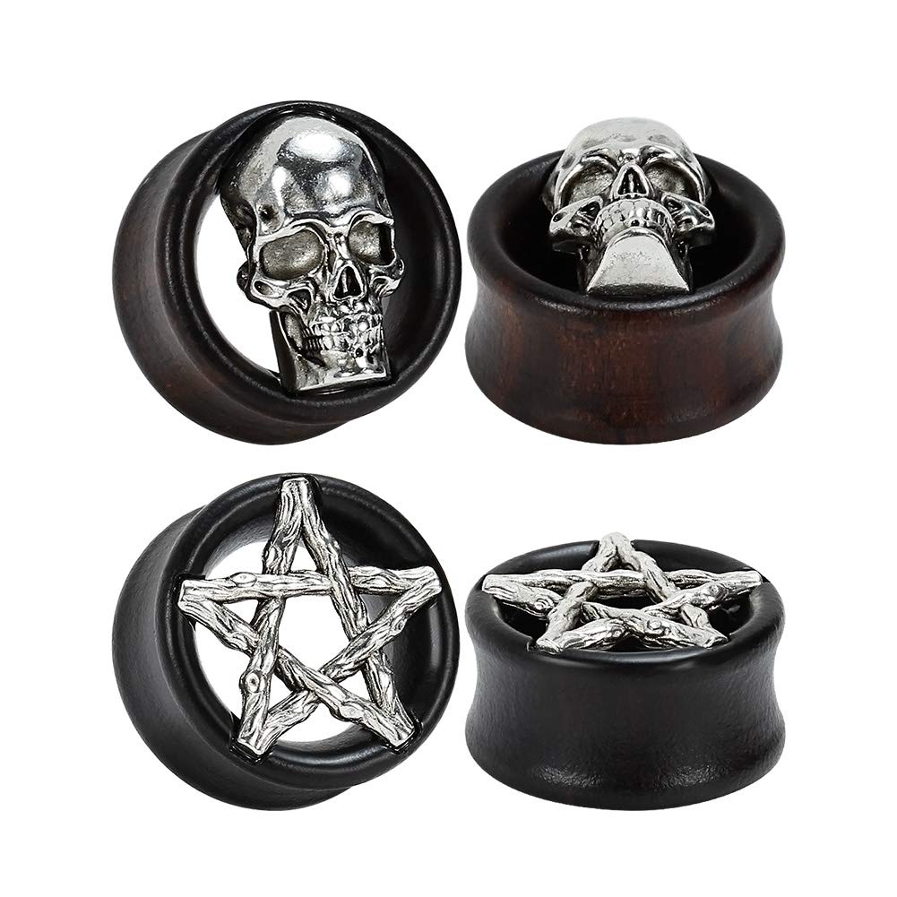 TBOSEN 2 or 4 pcs Antiqued Skull Wood Double Flared Ear Plug Saddle Organic Black Areng Flesh Tunnels Gauges 0g - 1 inch