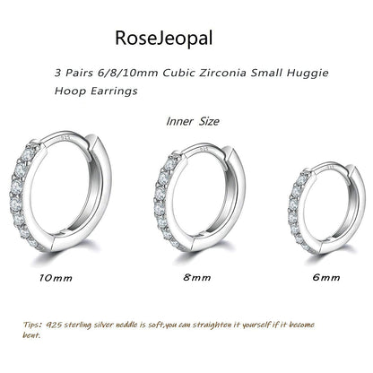 925 Sterling Silver Small Hoop Earrings Cubic Zirconia Huggie Hoop Earrings, 3 Pairs 14K White Gold Plated Cartilage Piercing Earrings Ear Cuff Tiny Hoop Earrings for Women Men