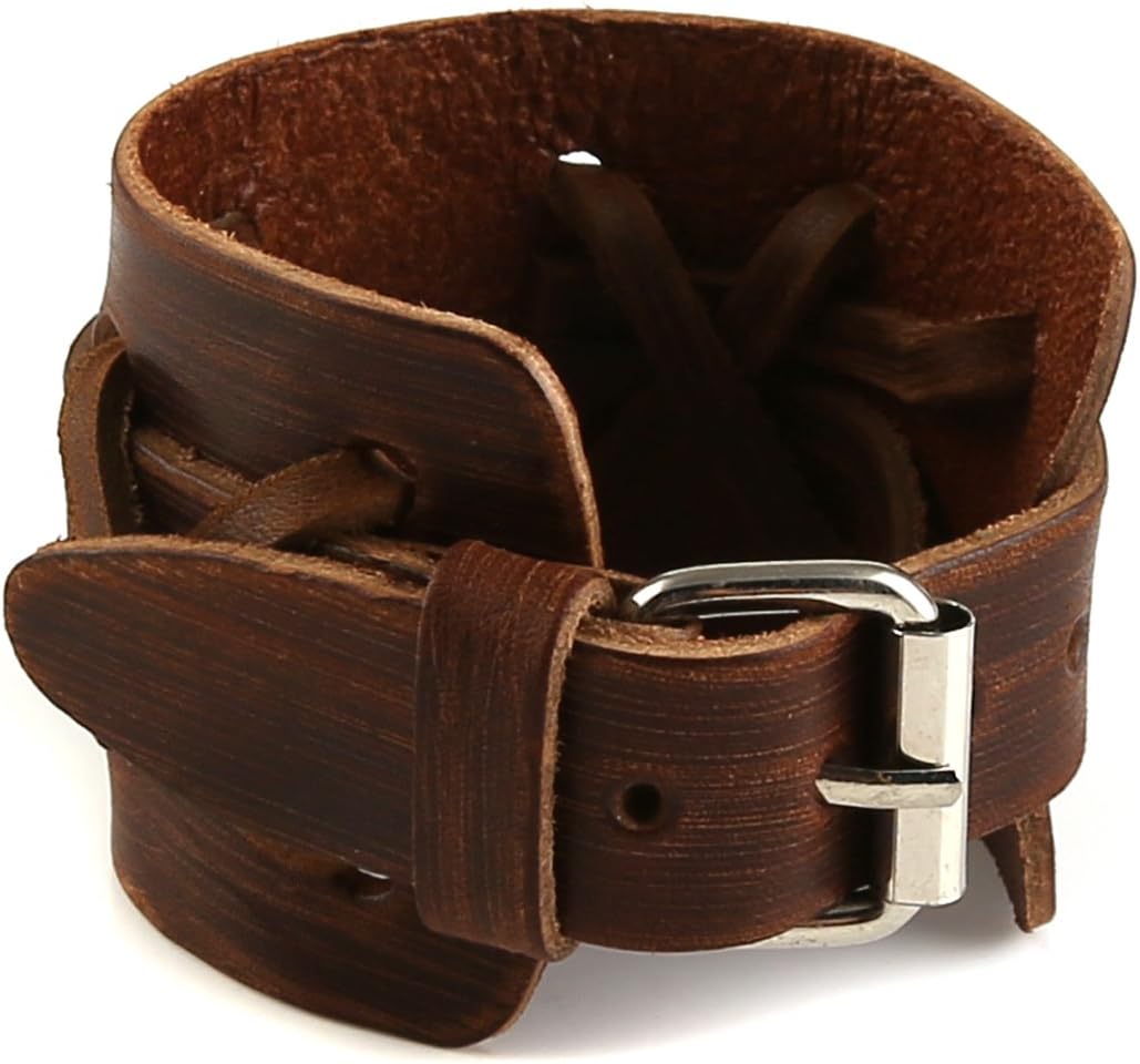 HZMAN Authentic Wide Genuine Leather Casual Mens Brown Cuff Bangle Bracelet