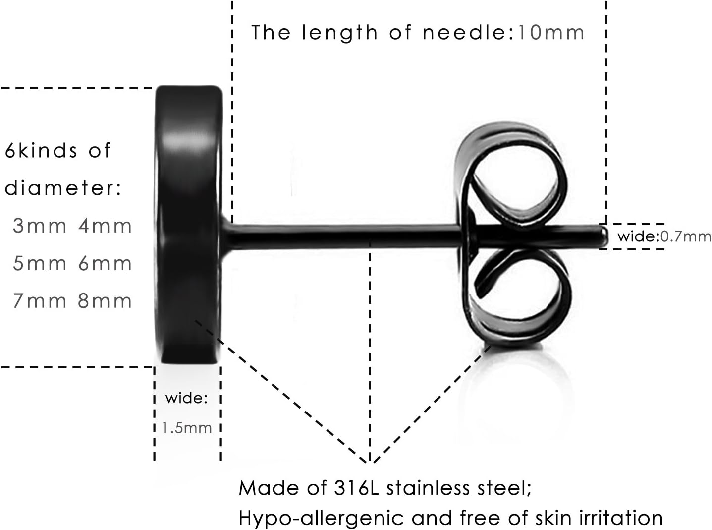 Black Round Stud Earrings Set Stainless Steel Ear Studs for Men Women 6 Pairs 3mm-8mm … (Black)