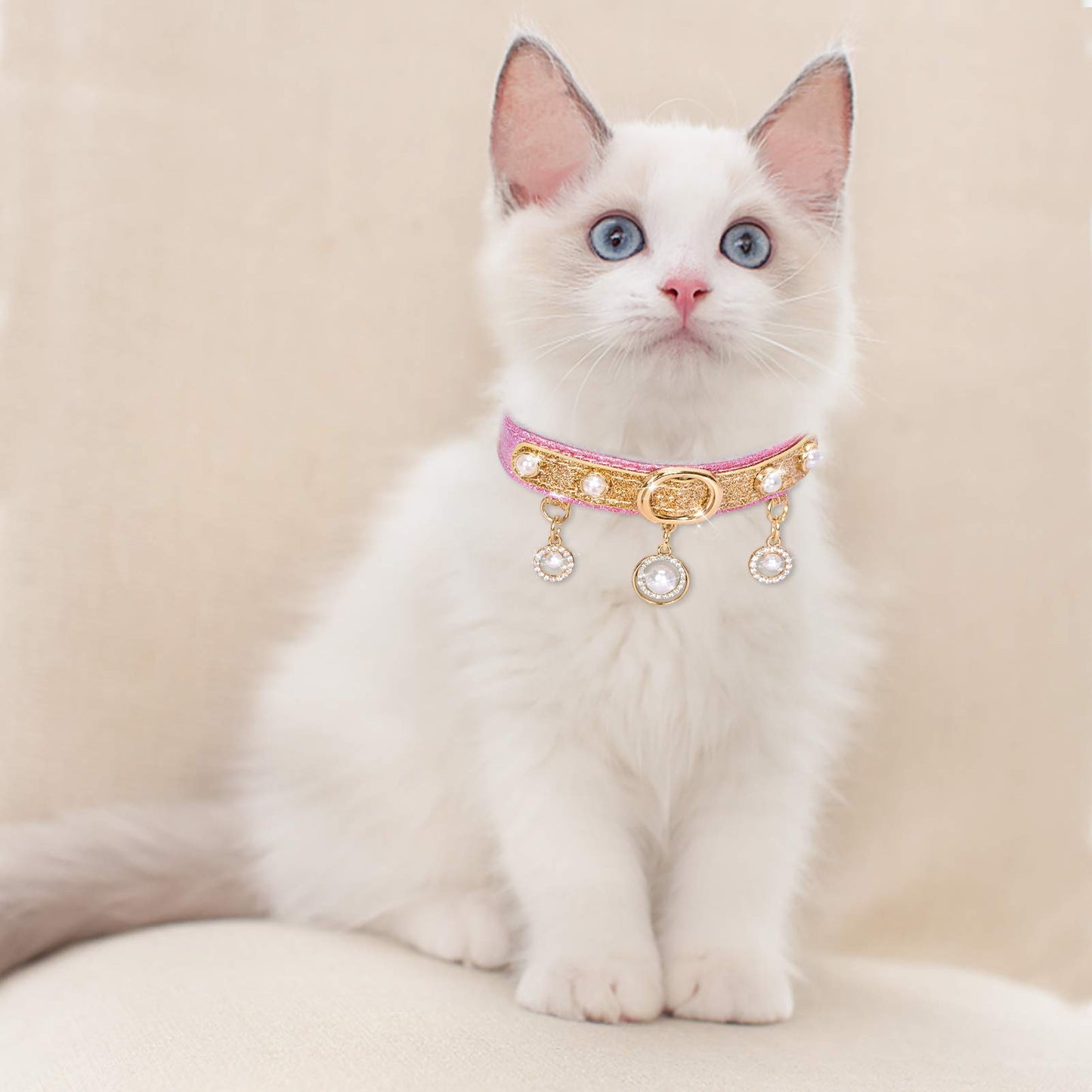 PetsHome Cat Collar, Dog Collar, Bling PU Leather Adjustable Pet Collar with Cute Pearls and Luxury Pendant for Cat and Small Dog Small Gold