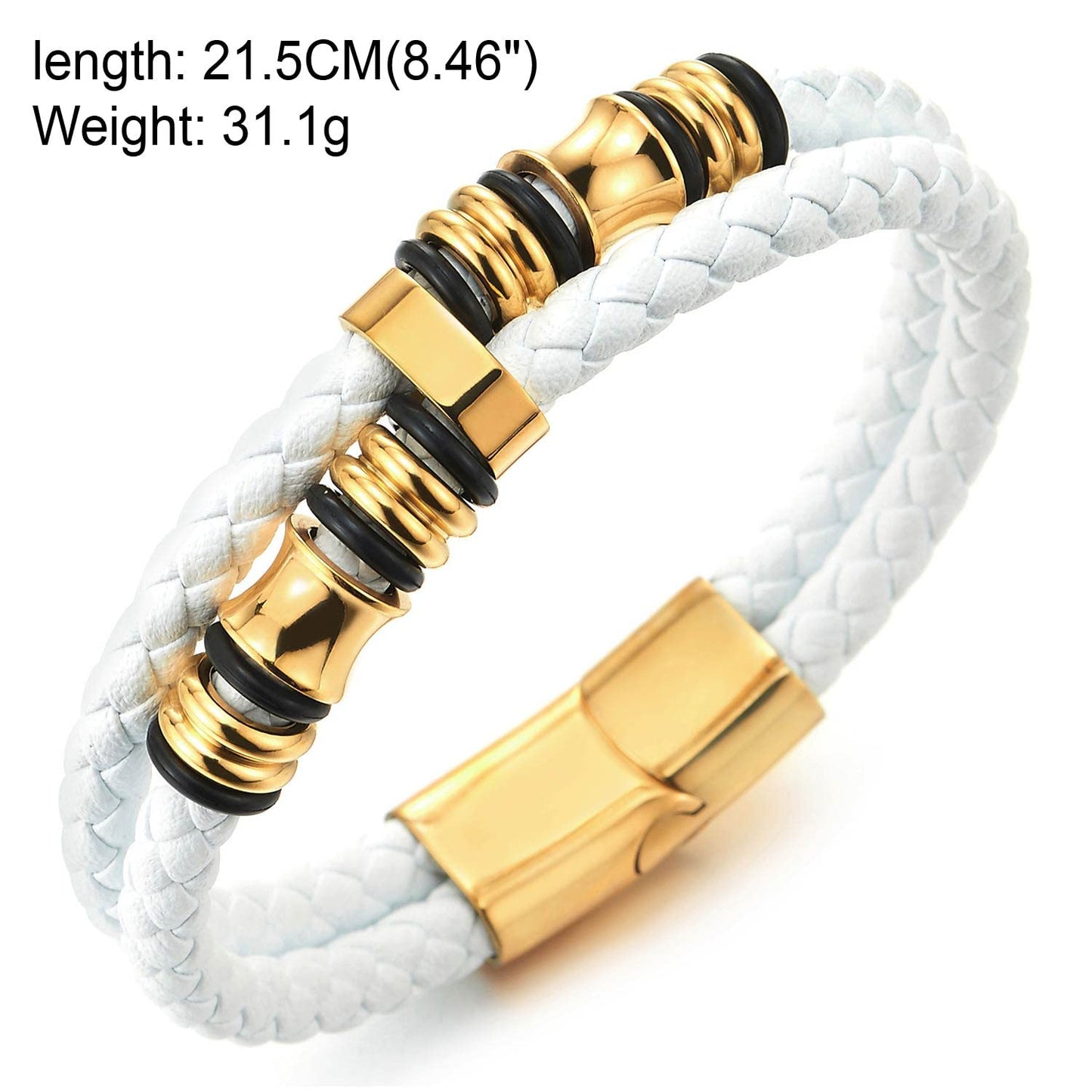 COOLSTEELANDBEYOND Mens Double-Row Braided Leather Bracelet Bangle Wristband with Stainless Steel Ornaments