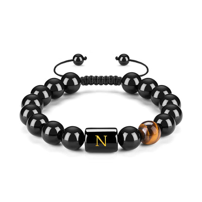 Initials Bracelets for Men Letter Link Handmade Natural Black Onyx Tiger Eye Stone Beads Braided Rope Meaningful Bracelet