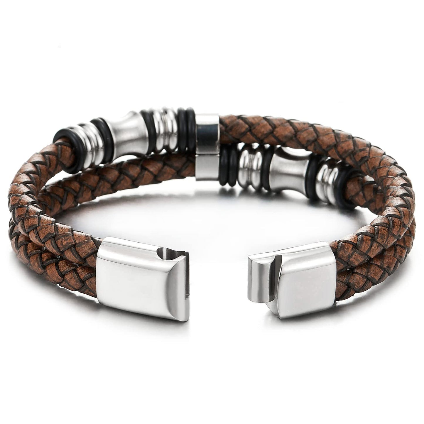 COOLSTEELANDBEYOND Mens Double-Row Braided Leather Bracelet Bangle Wristband with Stainless Steel Ornaments