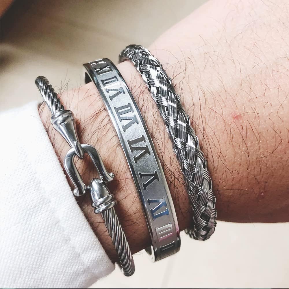 WFYOU 3PCS Stainless Steel Bracelets for Men Gold Roman Numeral Bangle Bracelet Twisted Cable Bracelet Adjustable Cuff Bracelet Mens Luxury Jewelry Bracelets Gifts