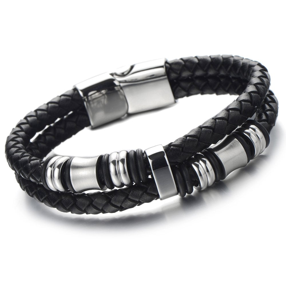 COOLSTEELANDBEYOND Mens Double-Row Braided Leather Bracelet Bangle Wristband with Stainless Steel Ornaments