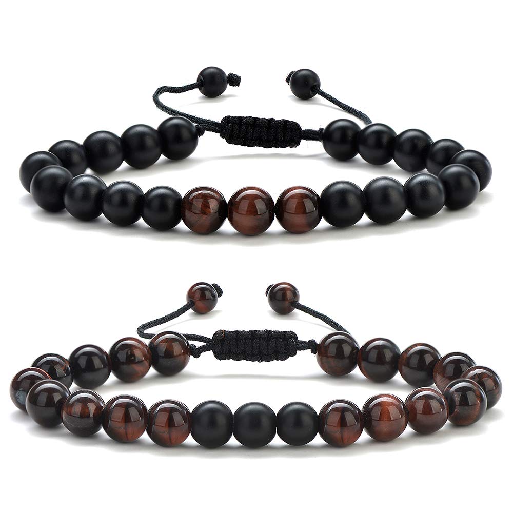 M MOOHAM Natural Stone Bracelets for Men - 8mm Tiger Eye | Matte Agate | Lava Rock Bracelets for Men Teen Boys Gifts Fathers Day Anniversary Birthday Gifts for Him