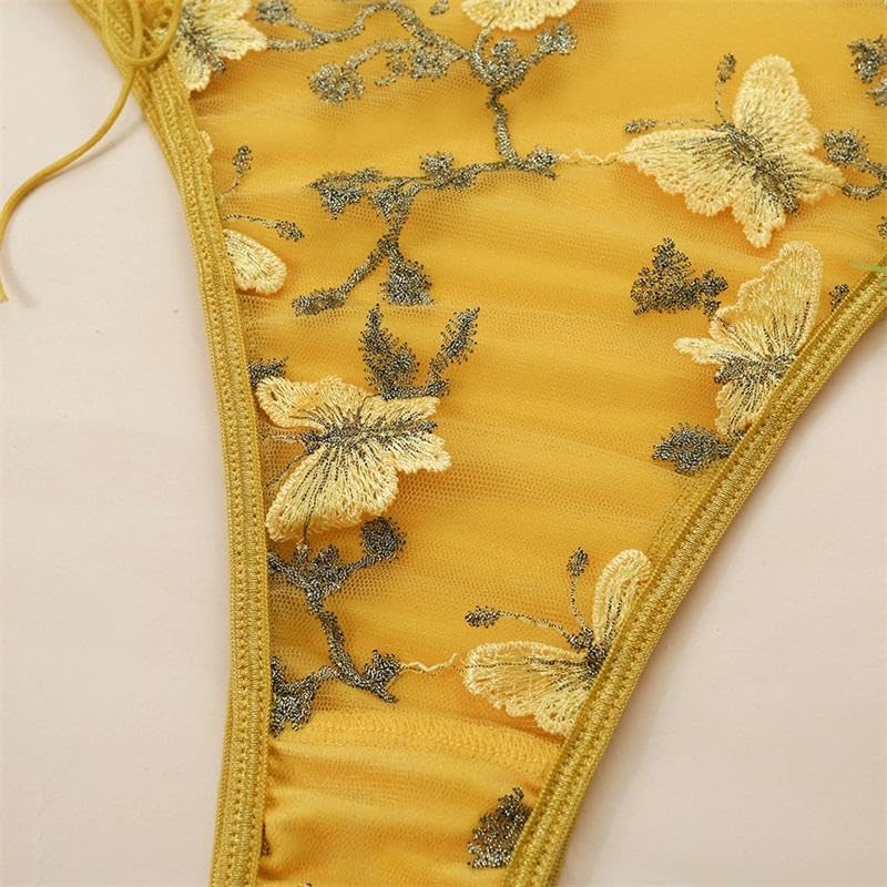 Lilosy Women Sexy Lace Up Floral Embroidered Teddy Lingerie Bodysuit Top Mesh Sheer One Piece