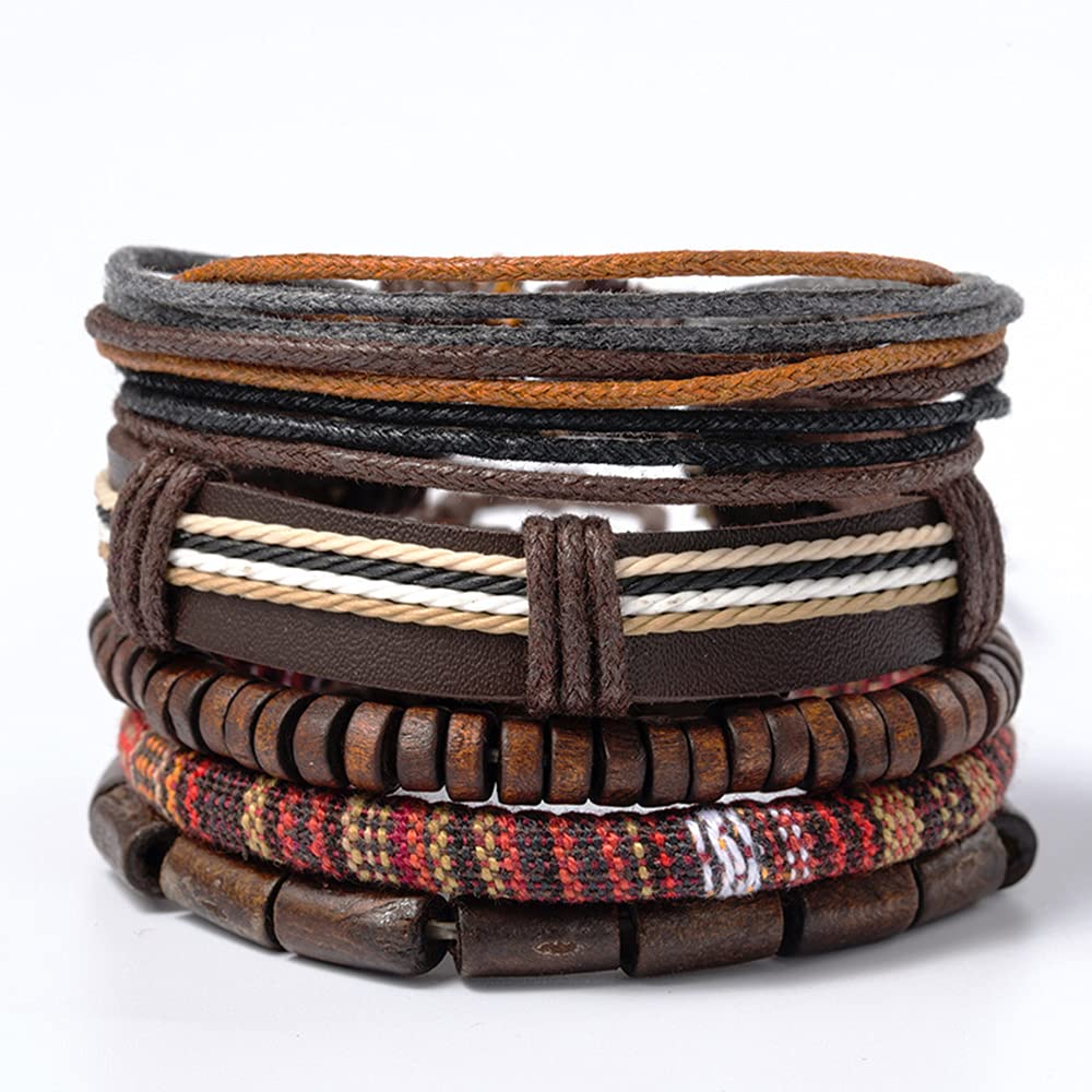 24 PCS Braided Leather Bracelet for Men Women Cool Woven Wrist Cuff Bracelets Hemp Cords Wooden Beads Ethnic Tribal Handmade Wrap Adjustable Wristband Bracelets