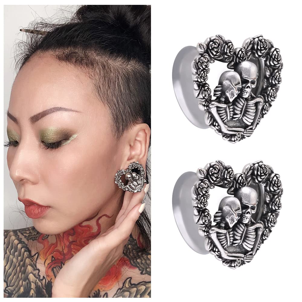 1 Pair Stainless Steel Ear Gauges Tunnels Heart shaped Skull Lovers Antique Silver 0g-1 Inch Single Flare For Men For Women