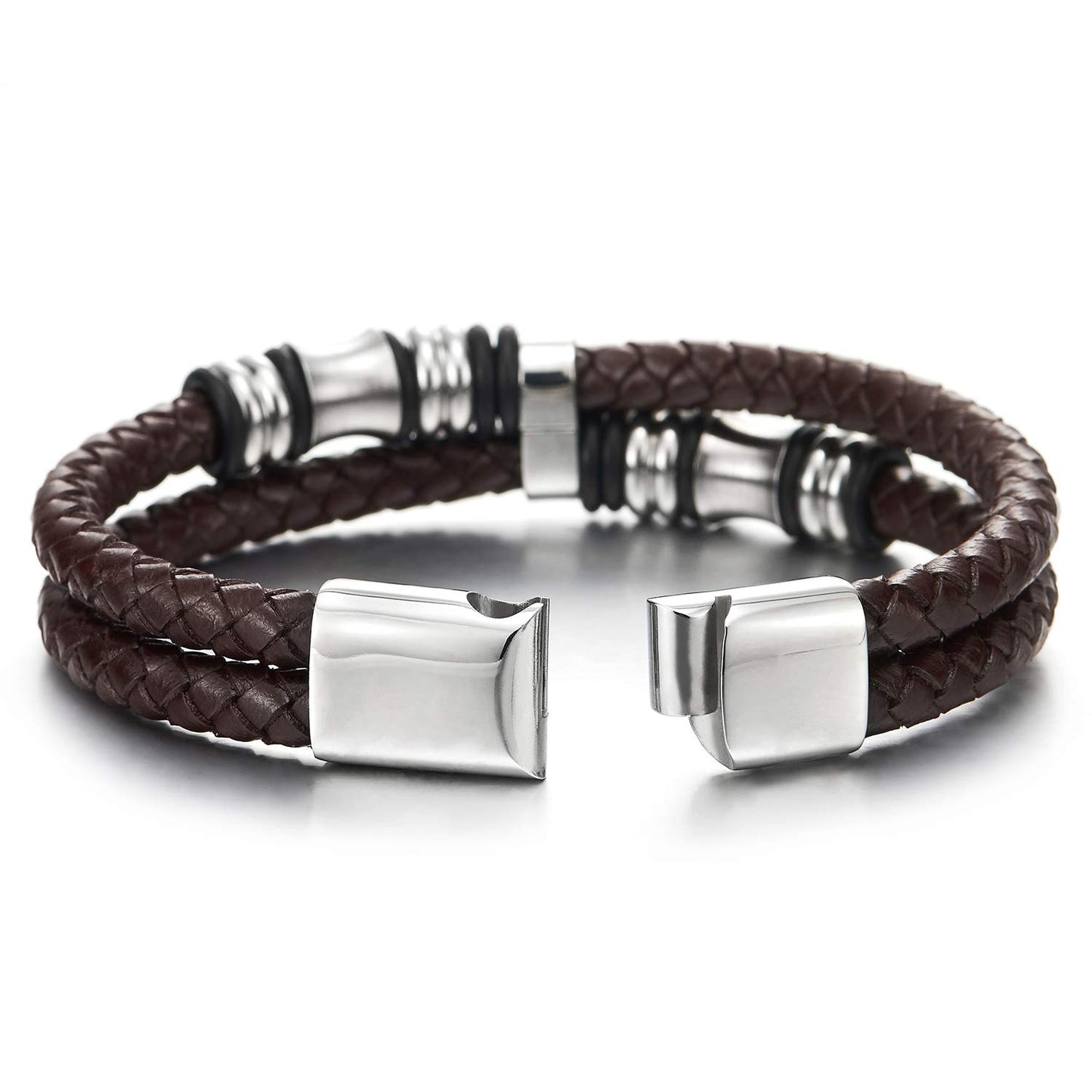 COOLSTEELANDBEYOND Mens Double-Row Braided Leather Bracelet Bangle Wristband with Stainless Steel Ornaments