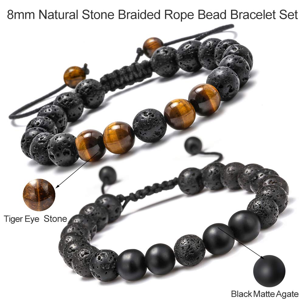 M MOOHAM Natural Stone Bracelets for Men - 8mm Tiger Eye | Matte Agate | Lava Rock Bracelets for Men Teen Boys Gifts Fathers Day Anniversary Birthday Gifts for Him