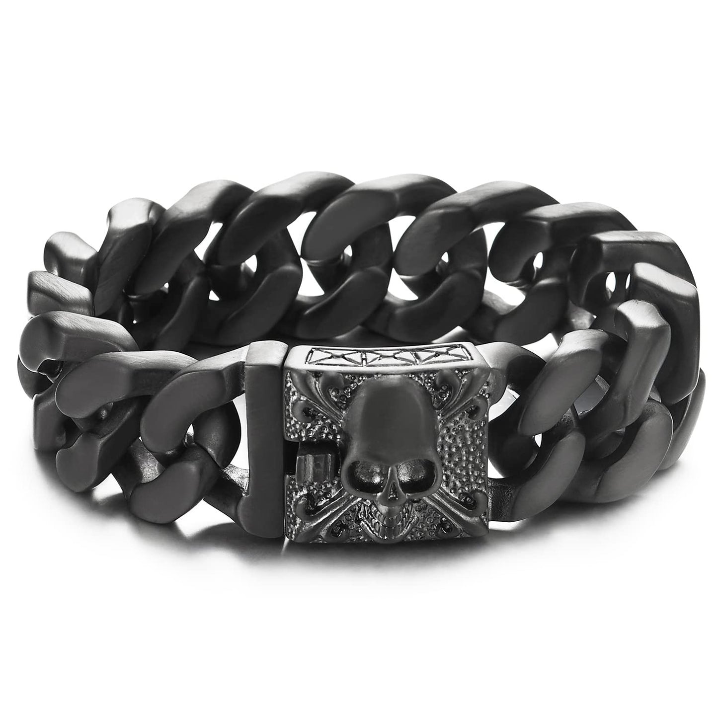 COOLSTEELANDBEYOND Mens Large Vintage Brushed Finishing Steel Curb Chain Bracelet with Fleur De Lis and Skull