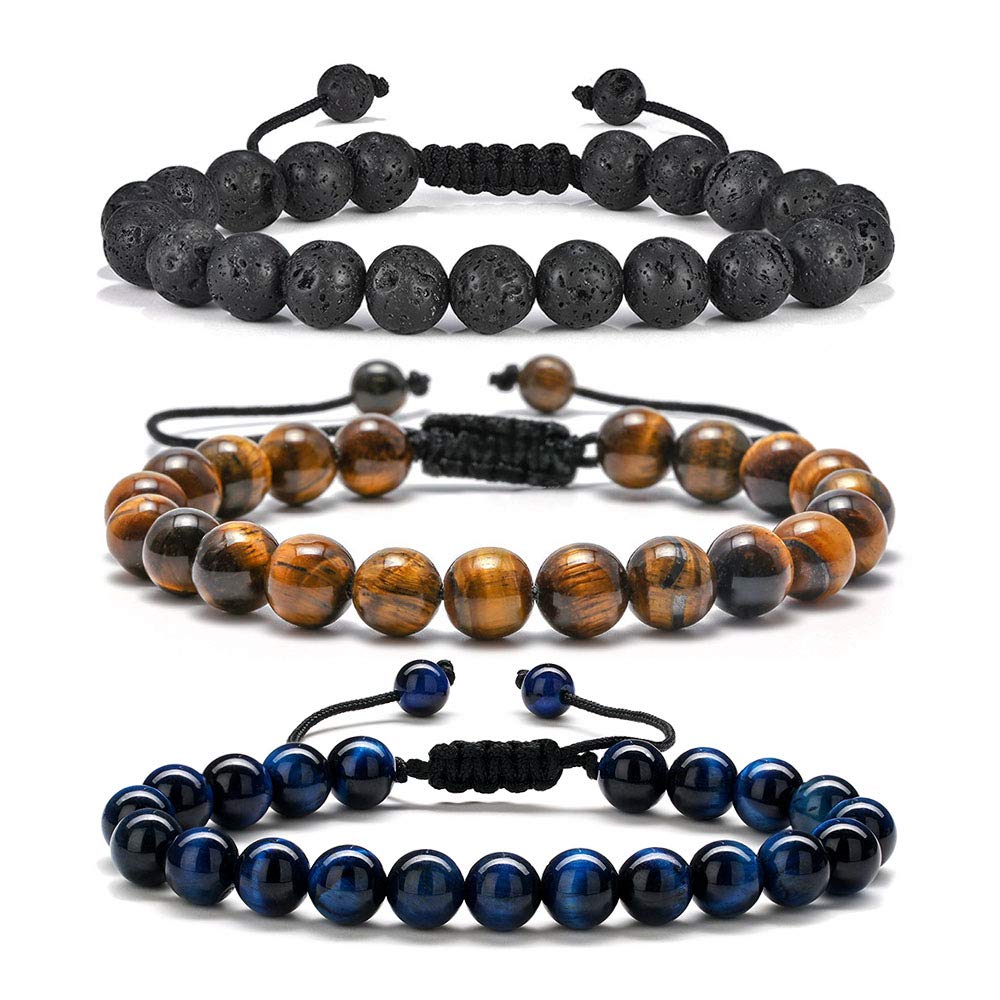 M MOOHAM Natural Stone Bracelets for Men - 8mm Tiger Eye | Matte Agate | Lava Rock Bracelets for Men Teen Boys Gifts Fathers Day Anniversary Birthday Gifts for Him