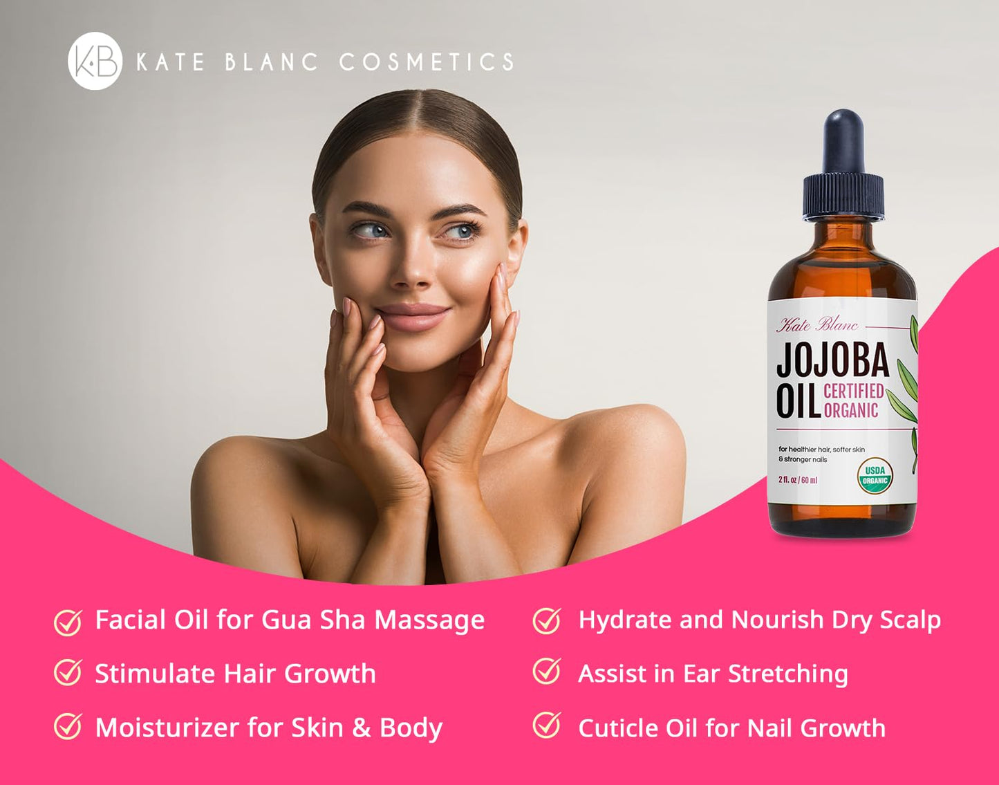 Kate Blanc Cosmetics Jojoba Oil for Hair Growth, Face, Skin (2oz, Organic, Pure) Stocking Stuffers Christmas Gifts for Women, Men, Mom, Dad, Teen. Gua Sha Oil for Facial Massage and Dermaplaning