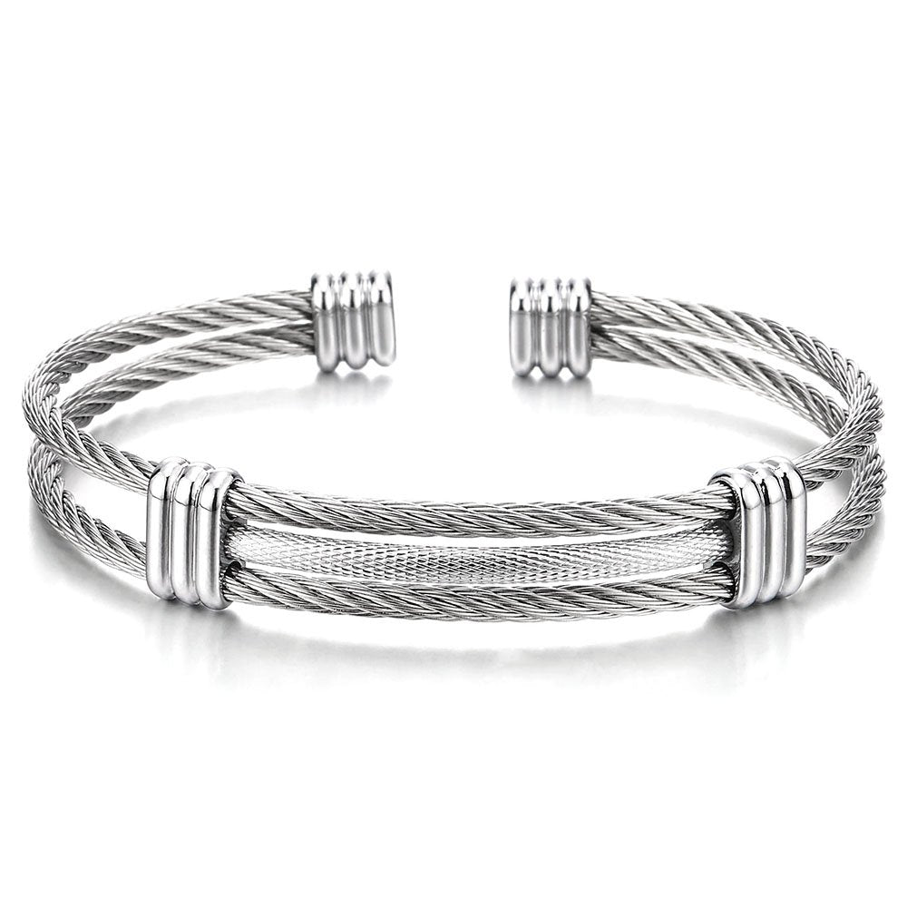 COOLSTEELANDBEYOND Men Women Stainless Steel Twisted Cable Adjustable Cuff Bangle Bracelet