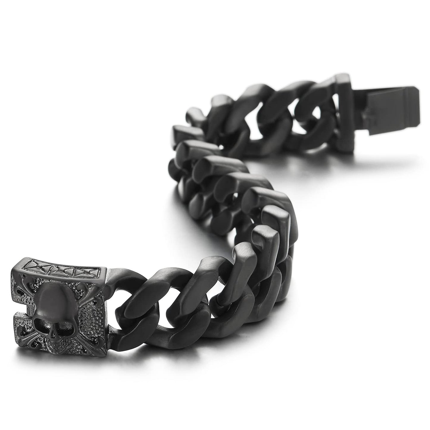 COOLSTEELANDBEYOND Mens Large Vintage Brushed Finishing Steel Curb Chain Bracelet with Fleur De Lis and Skull