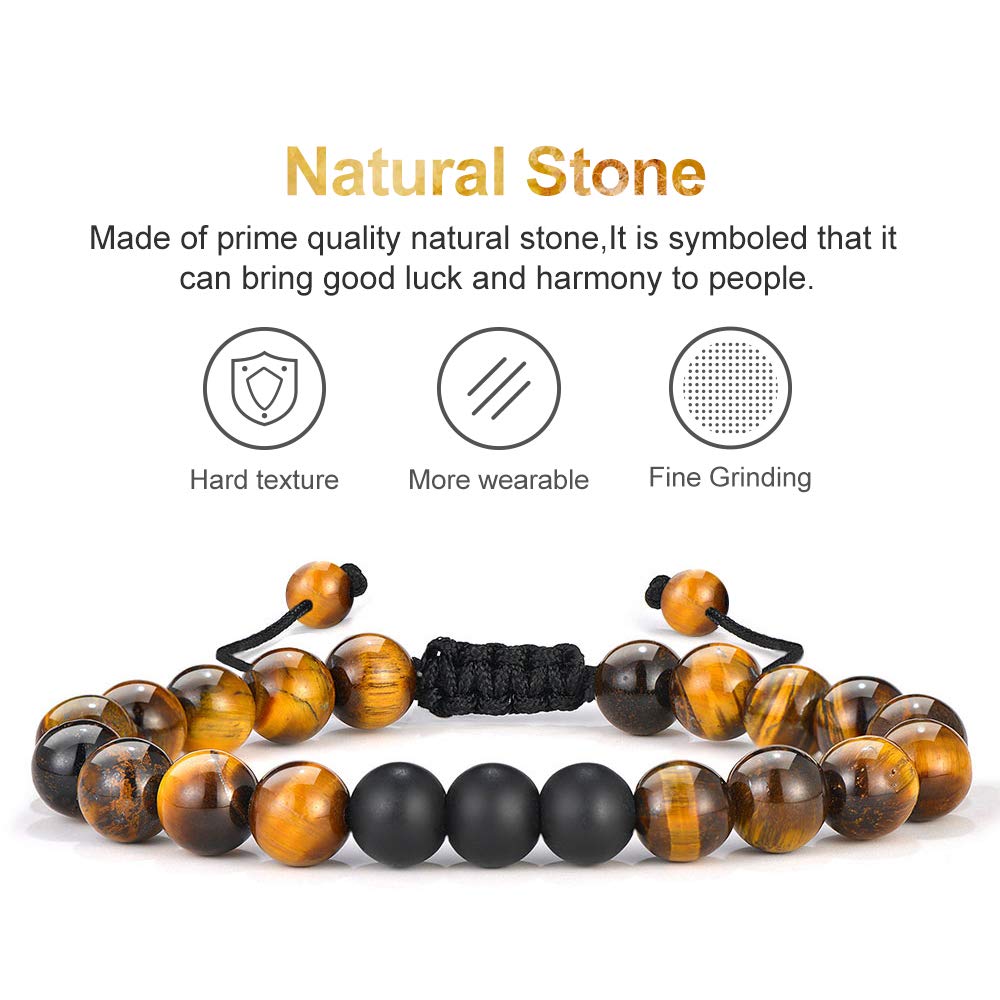 M MOOHAM Natural Stone Bracelets for Men - 8mm Tiger Eye | Matte Agate | Lava Rock Bracelets for Men Teen Boys Gifts Fathers Day Anniversary Birthday Gifts for Him