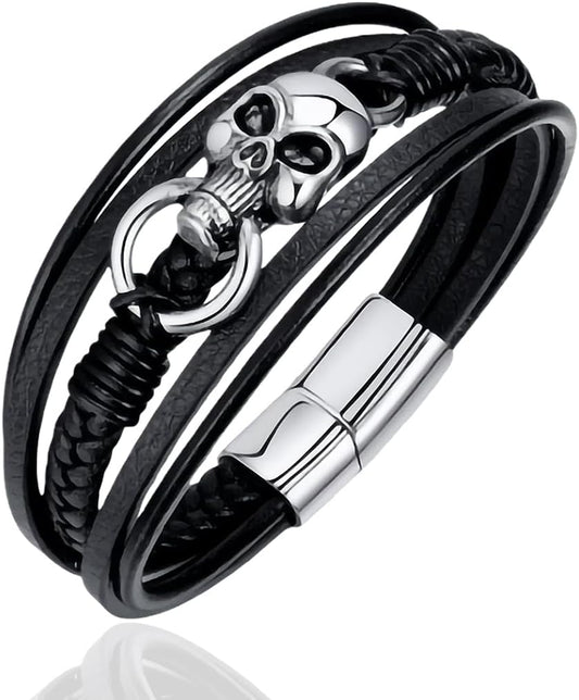 Mens Skull Bracelet Black Braided Leather Cuff Bangle Stainless Steel Punk Gifts for Men