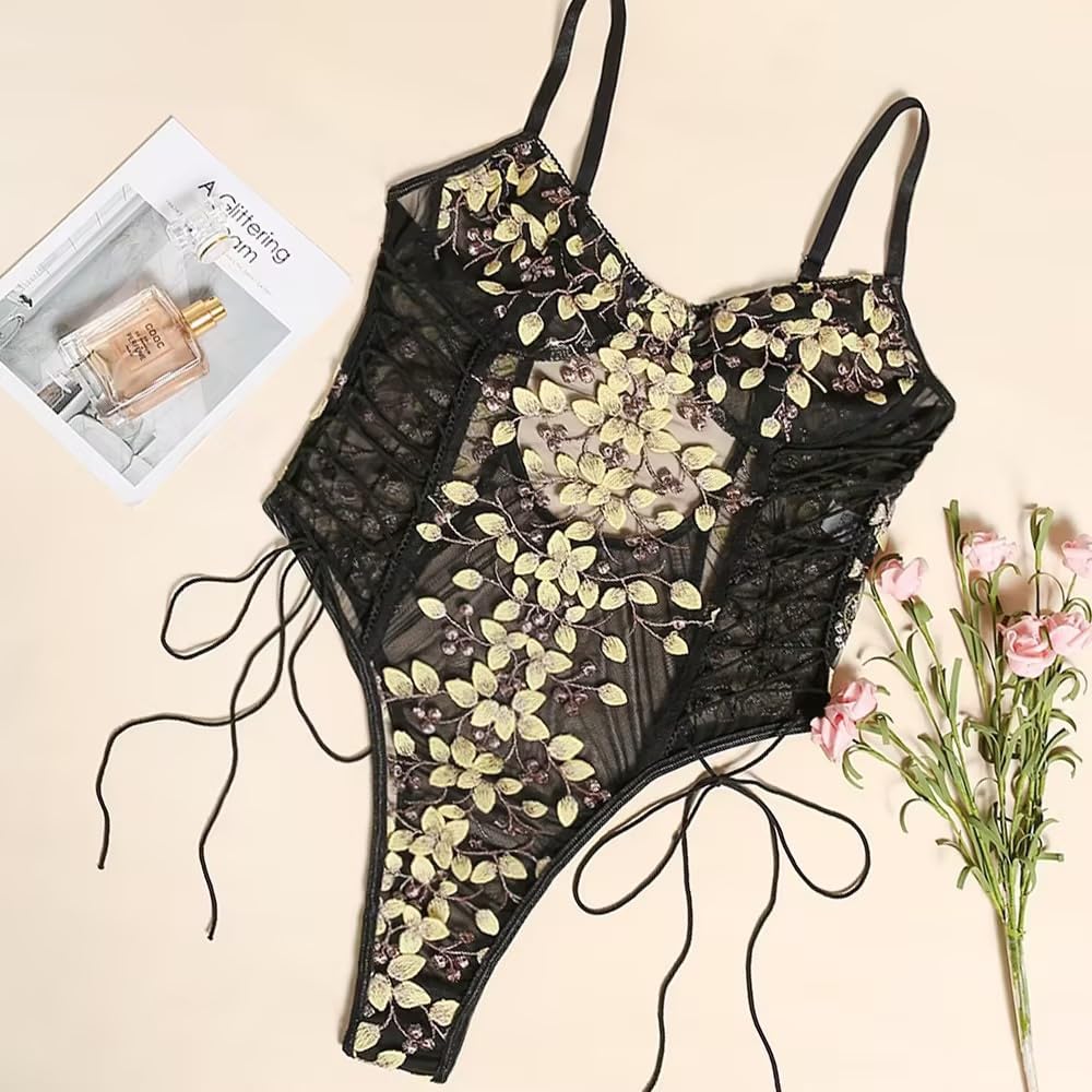 Lilosy Women Sexy Lace Up Floral Embroidered Teddy Lingerie Bodysuit Top Mesh Sheer One Piece