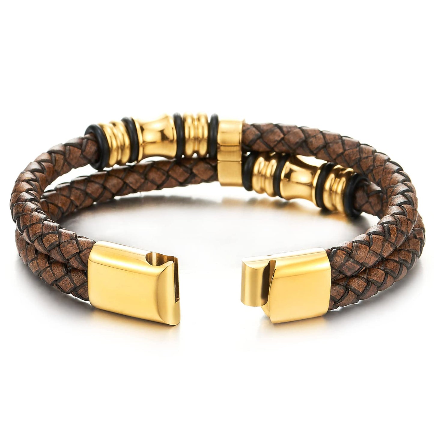 COOLSTEELANDBEYOND Mens Double-Row Braided Leather Bracelet Bangle Wristband with Stainless Steel Ornaments