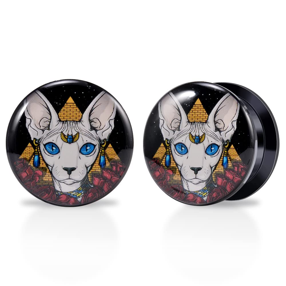 1 Pair Acrylic Solid Screw On Ear Plugs Tunnels Resin Allergy Free Stretcher Egyptian Cat Goddess Egypt Mythology Color Drawing For Women Men Body Piercing Jewelry