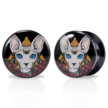 1 Pair Acrylic Solid Screw On Ear Plugs Tunnels Resin Allergy Free Stretcher Egyptian Cat Goddess Egypt Mythology Color Drawing For Women Men Body Piercing Jewelry