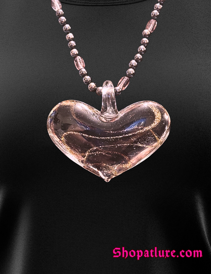 Genuine Hand Blown Glass Heart Necklace | Handmade  Beaded Jewelry with Hematite And Amethyst Accents | Adjustable Fit | Meaningful Gift