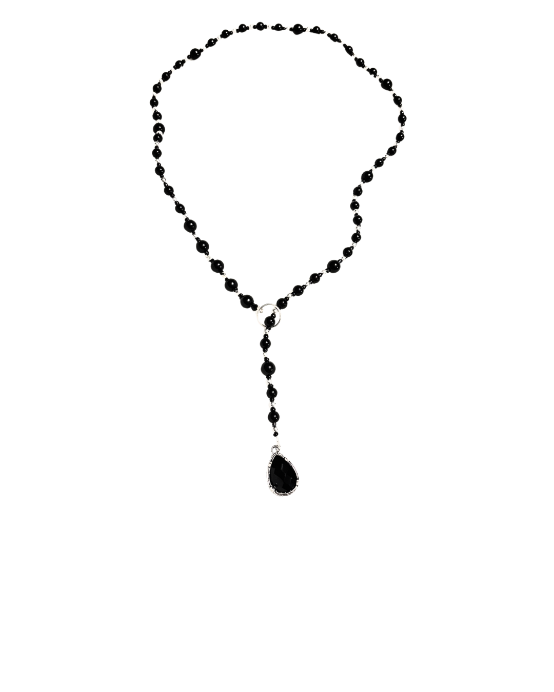 Genuine Onyx Lariat Necklace, Beaded Rosary Style