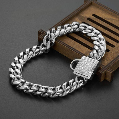 Gold Dog Chain Collar 10mm Wide Cuban Link Puppy Collar 316L Stainless Steel with CZ Diamond Lock Bling Collar for Large Medium Small Dogs(10mm Gold,10inches)