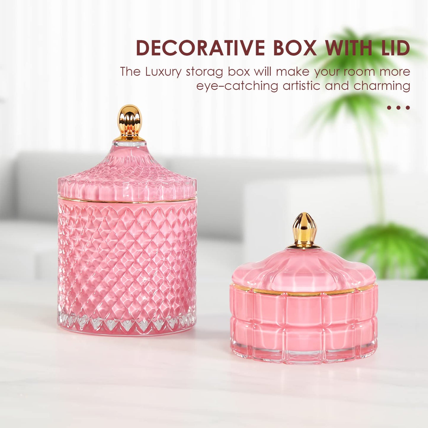 Pink Candy Jar, Glass Candy Dish with Lid, Crystal Apothocary Jars with Lids Glass Jewelry Box with Lids, Cute Glass Jar Gifts for Women