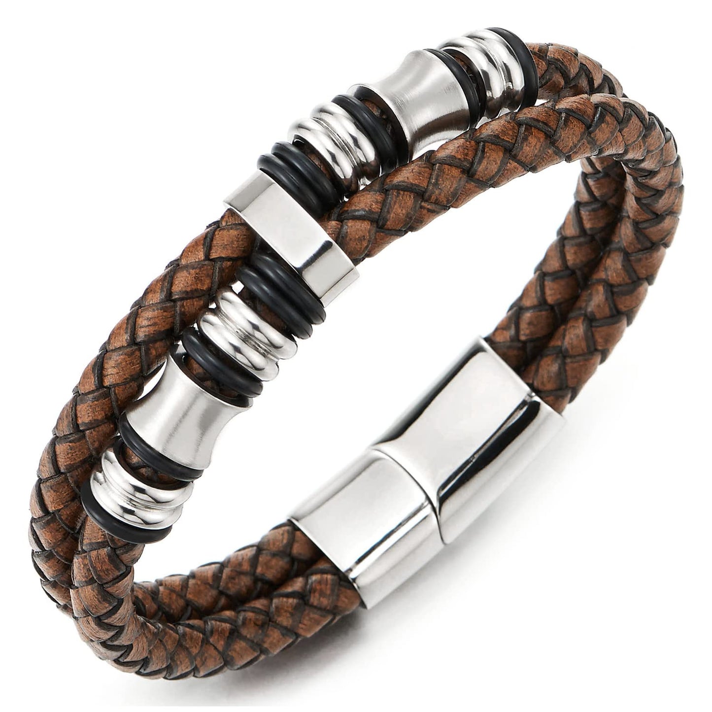 COOLSTEELANDBEYOND Mens Double-Row Braided Leather Bracelet Bangle Wristband with Stainless Steel Ornaments