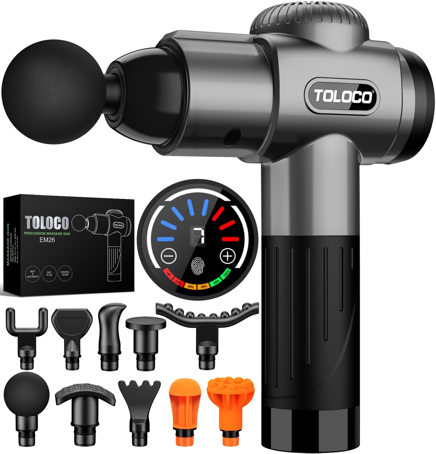 TOLOCO Massage Gun, Deep Tissue Back Massage for Athletes for Pain Relief, Percussion Massager with 10 Massages Heads & Silent Brushless Motor, Black