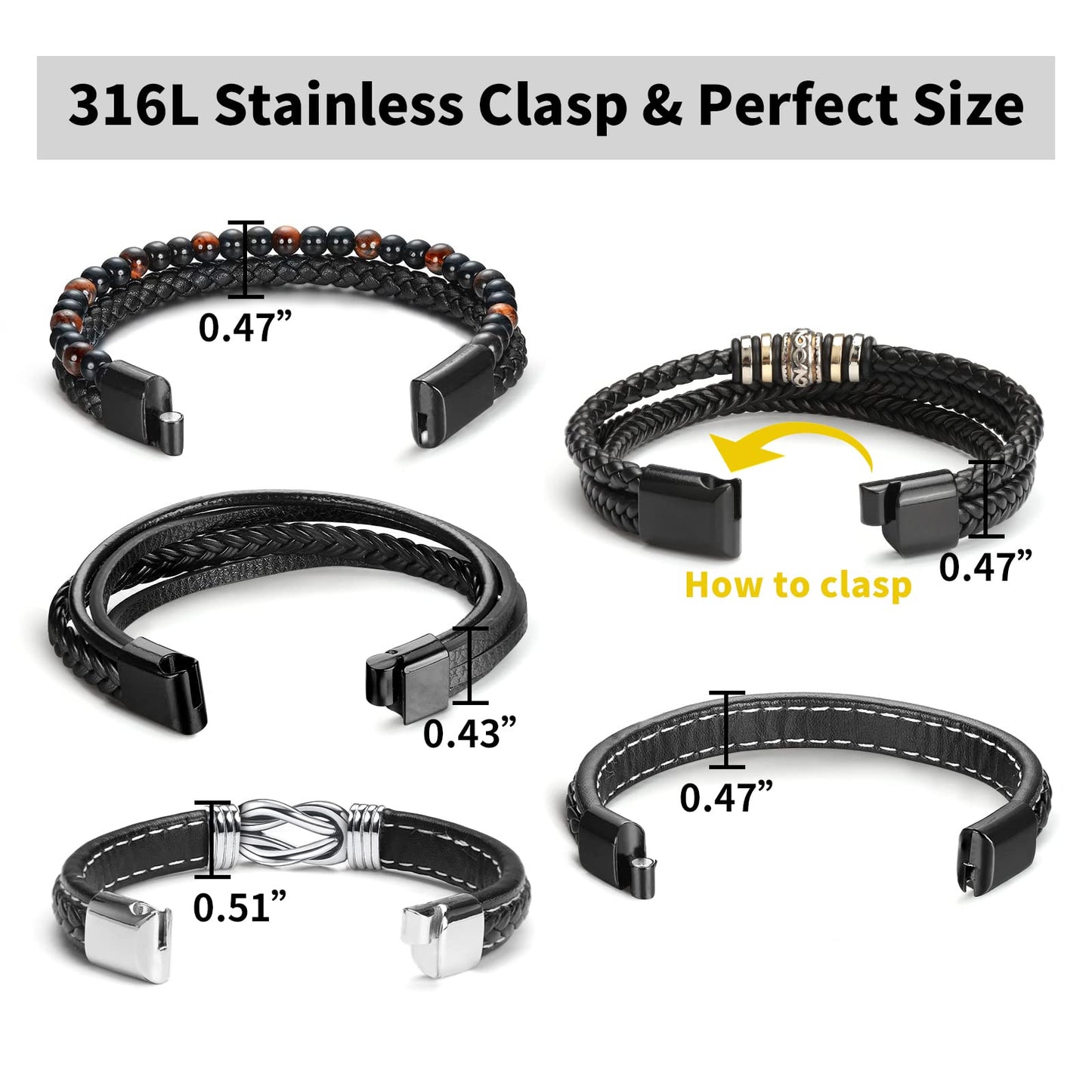 Black Leather Bracelets for Men Women 5pcs Mens Bracelet Leather and Steel Braided Cuff Bracelets